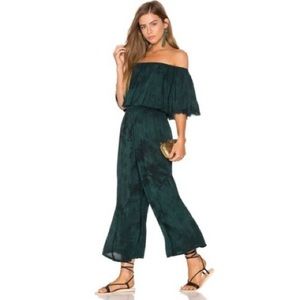 Blue Life “Pandora” Ruffle Off the Shoulder Jumpsuit in Emerald Coast
